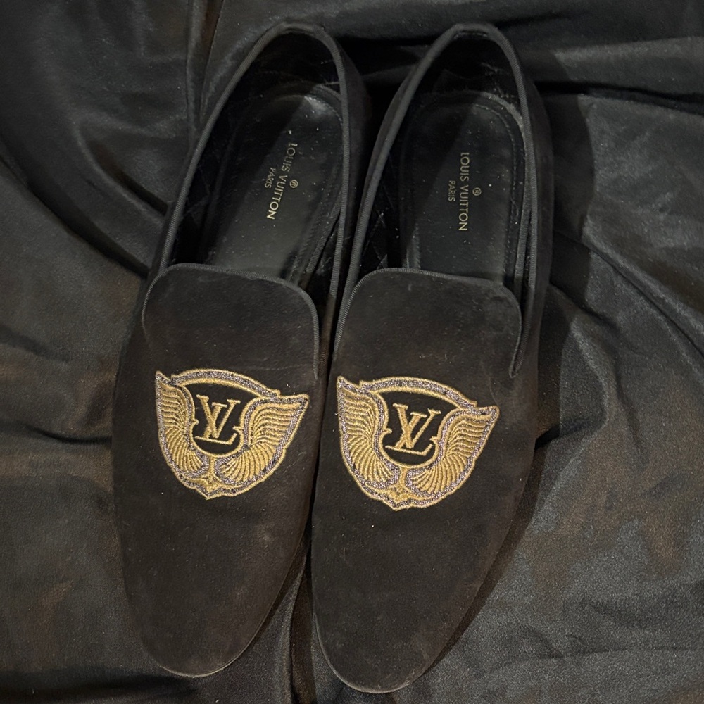 Louis Vuitton Black Loafers with Gold Winged Emblem